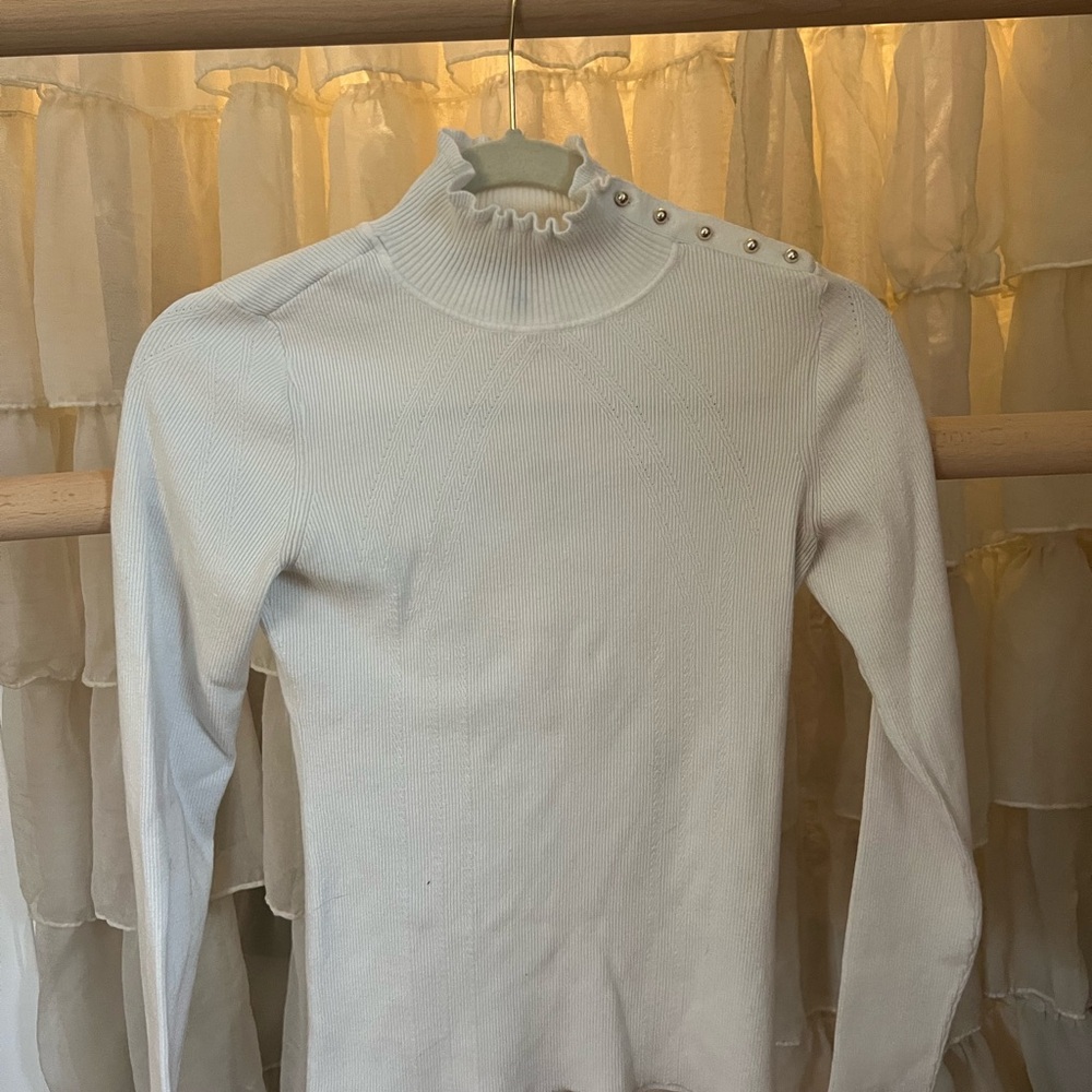White Ribbed Turtleneck Sweater with Button Detail